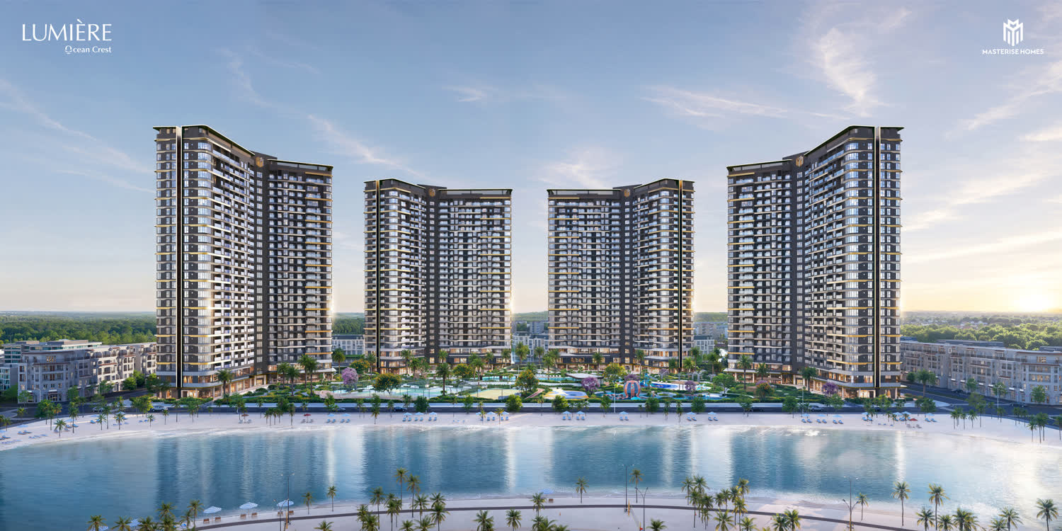 Phối cảnh LUMIÈRE Ocean Crest — 04 toà tháp nhìn từ phía hồ tạo sóng