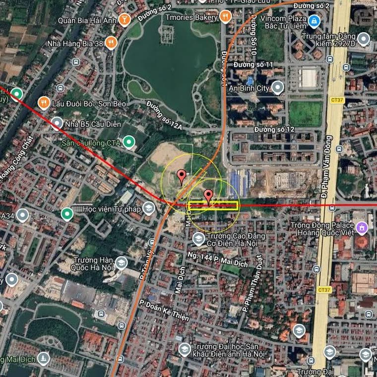Ảnh vệ tinh khu vực Mai Dịch và Cầu Diễn, có đánh dấu vị trí điểm ga nơi hướng tuyến metro cắt qua Vành đai 3